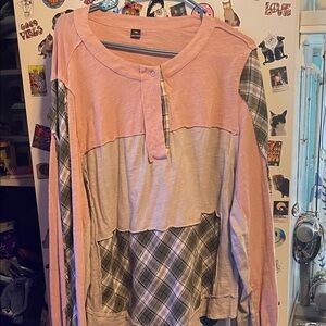 Pink and Beige Layered Plaid Long Sleeve Top